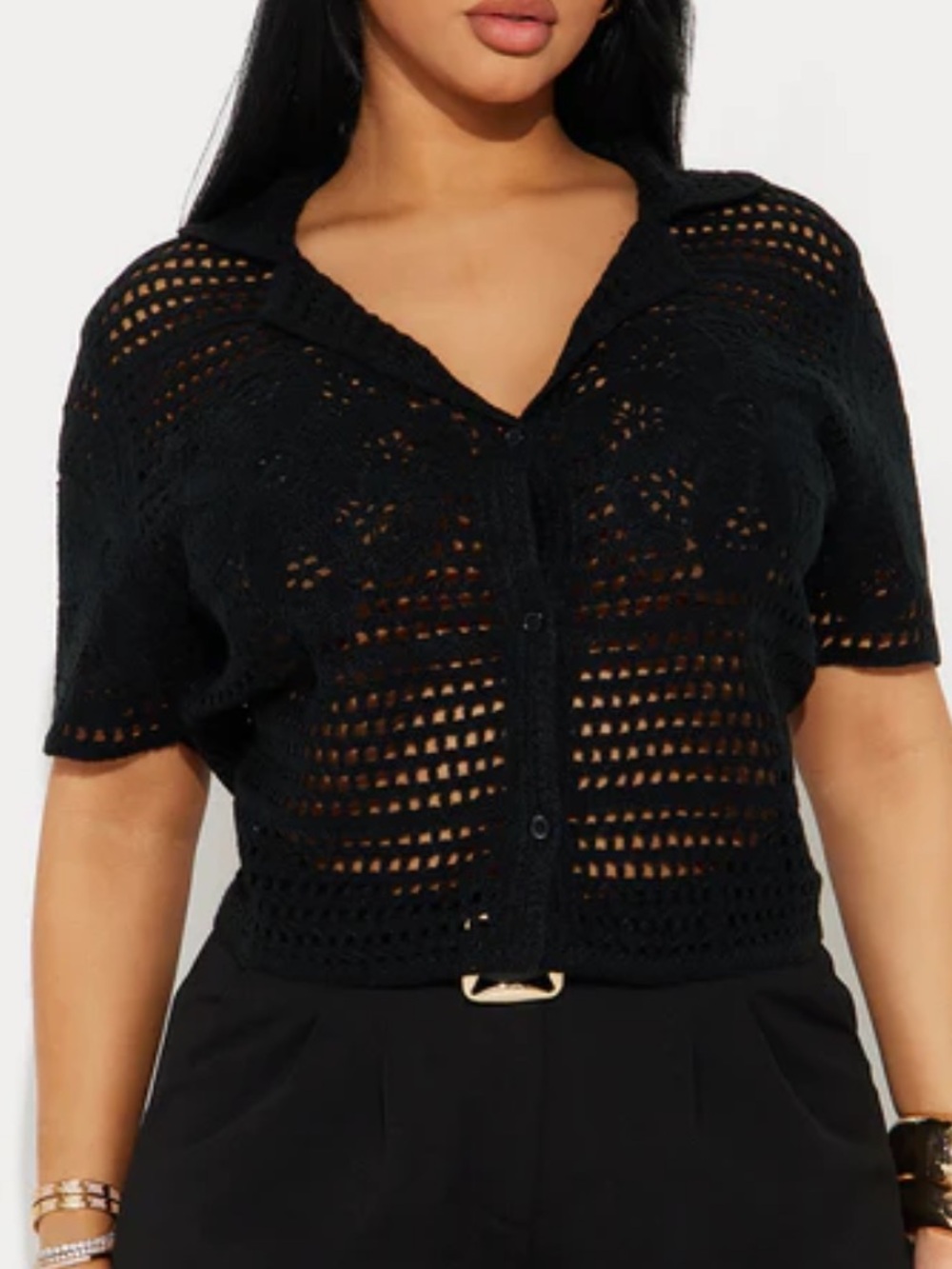 Fashion Nova Black Crochet Openwork Button-Front Top
